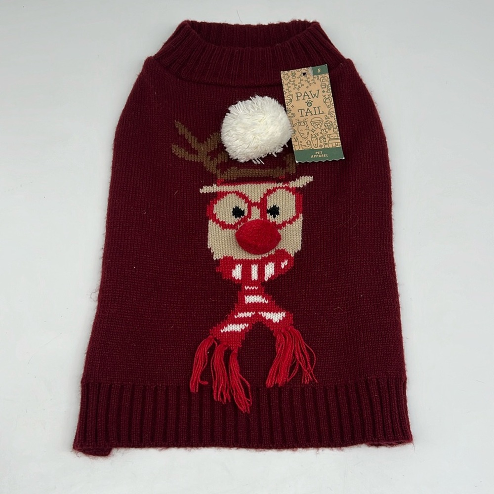 Paw & Tail Merlot Dog Knit Sweater 3-Dimensional‎ Rudolph Scarf Glasses Poms S
